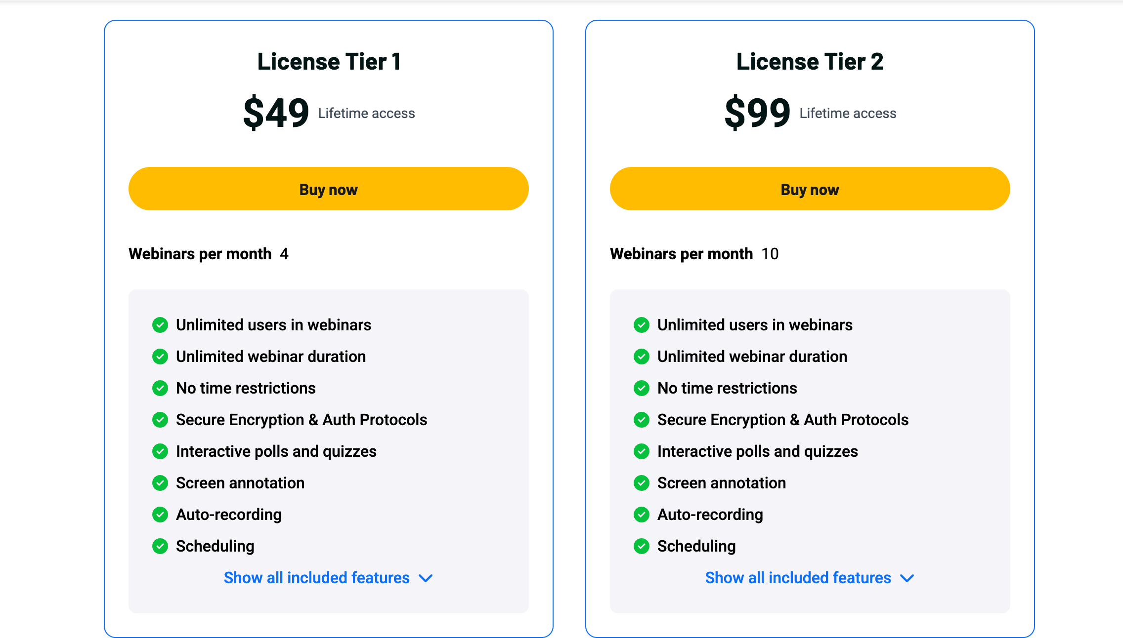 Webinar.gg AppSumo pricing showing License Tier 1 at $49 with 4 webinars per month and License Tier 2 at $99 with 10 webinars per month, both with unlimited attendees