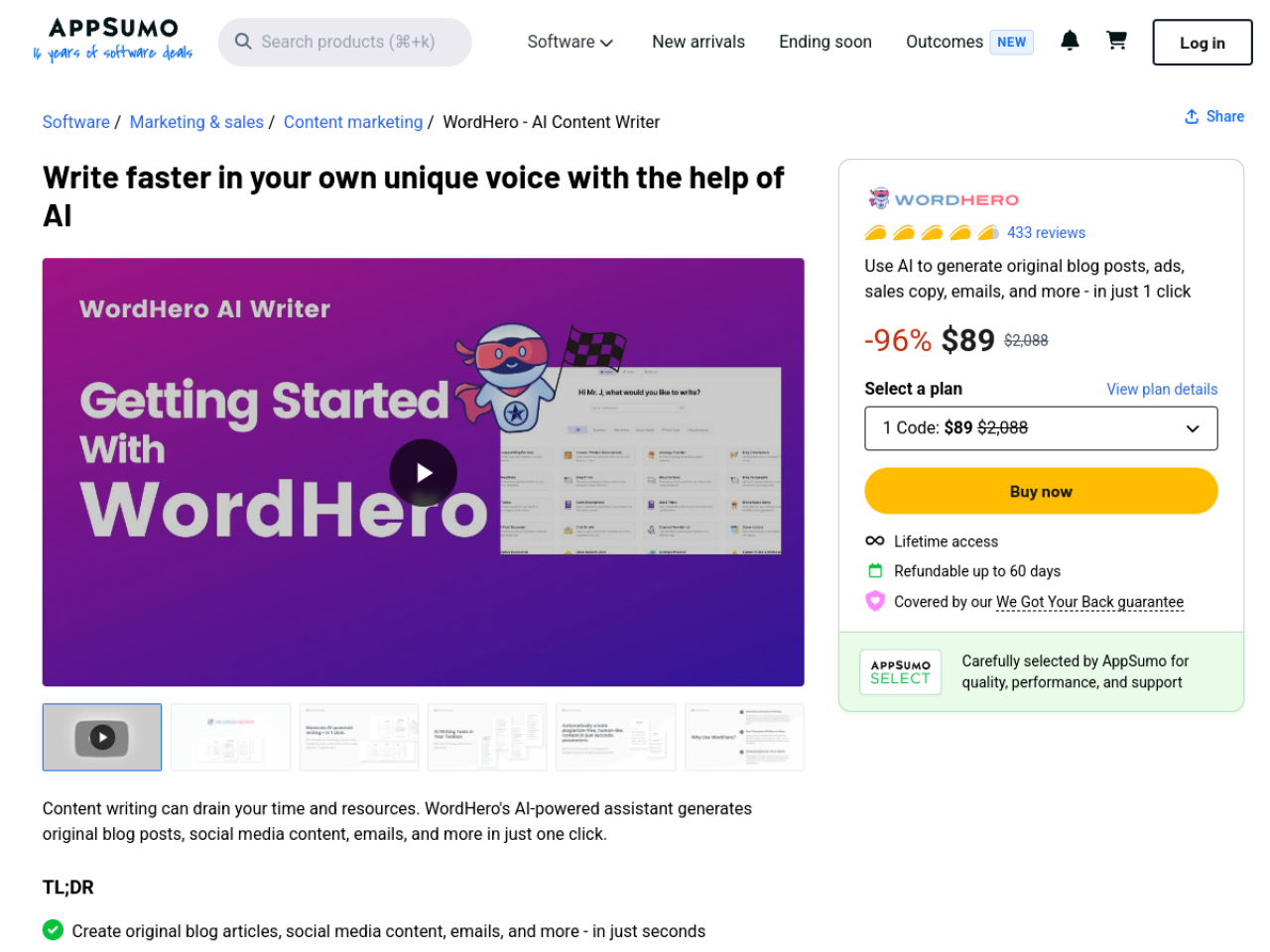 WordHero AppSumo listing showing the live lifetime deal at $89 for 1 code, marked 96 percent off the $2099 anchor, with the write-faster-in-your-own-unique-voice positioning and the AppSumo Select badge