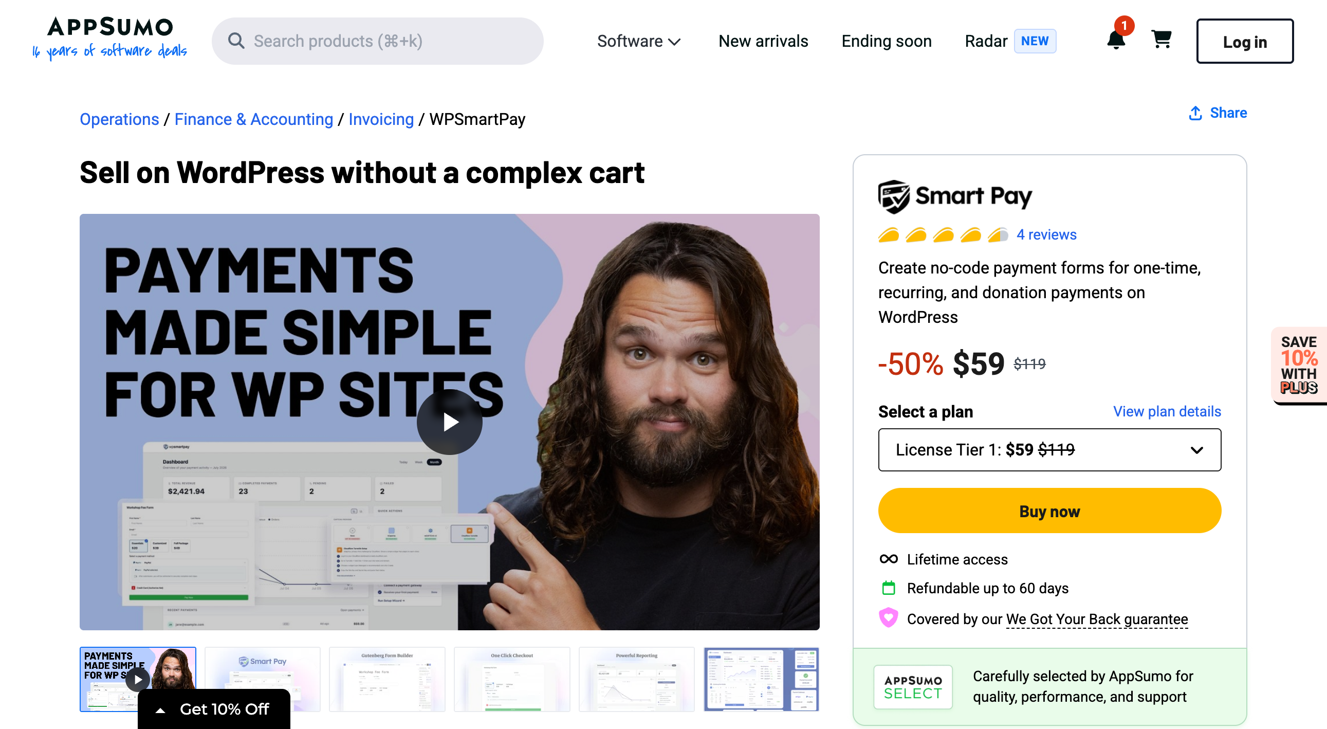 WPSmartPay AppSumo listing headlined Sell on WordPress without a complex cart, showing a 50 percent discount to $59 from $119, 4 reviews, License Tier 1 selected, a Buy now button, lifetime access and a 60-day refund