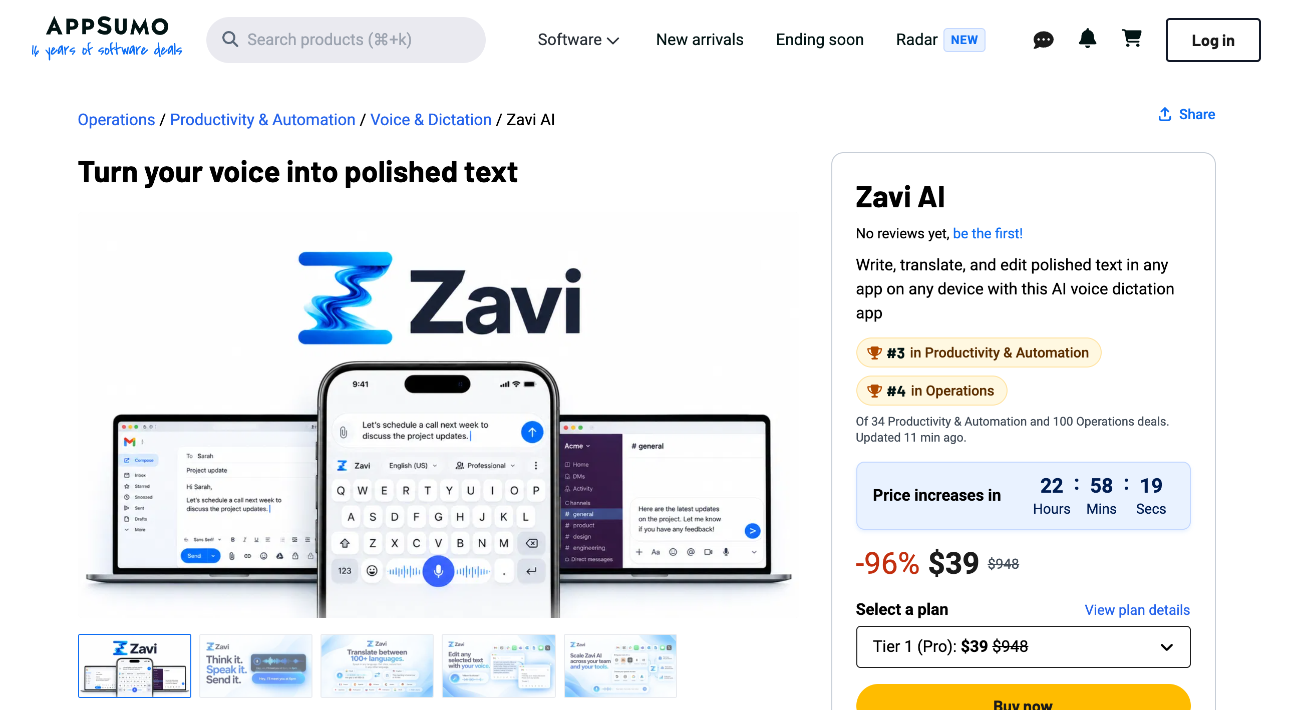 Zavi AI AppSumo listing showing a 96 percent discount to $39 from $948, the Tier 1 Pro plan selector, a price-increase countdown, and no reviews yet