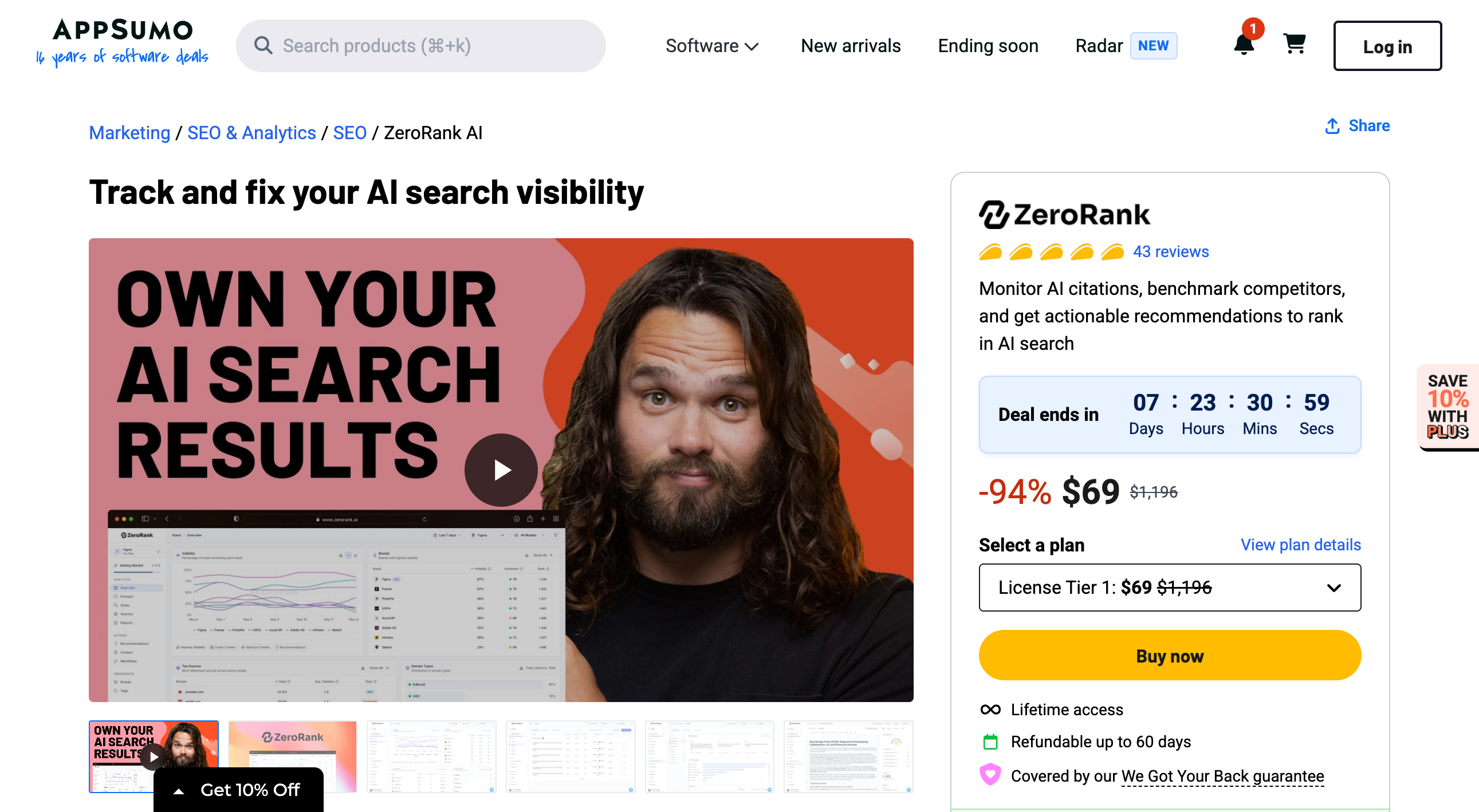 ZeroRank AI AppSumo listing headlined Track and fix your AI search visibility, showing 43 reviews at 5 tacos, an ending-soon countdown, a 94 percent discount to $69 from $1,196, the License Tier 1 selector, a Buy now button and a 60-day refund